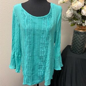 Krazy Kat Teal Crochet Lace Boho Tunic Top Bell Sleeve L